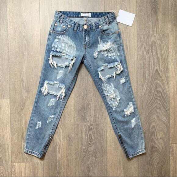 One Teaspoon Jeans Freebirds Skinny Straight Distressed Ankle Zip Denim - Picture 8 of 16